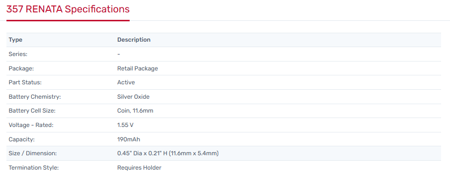 357 RENATA Specifications